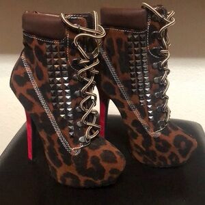 Leopard Studded Lace-Up Stiletto Booties Red Heel | Size 6